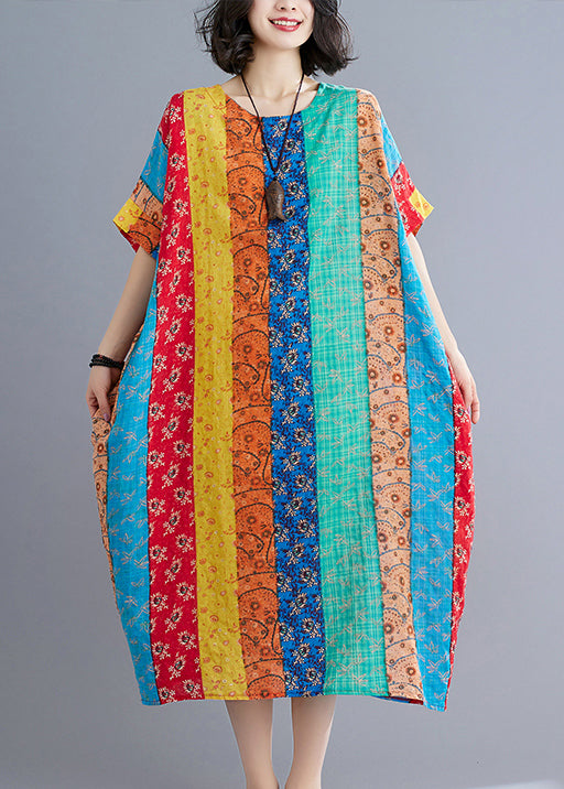Blue Green Striped Patchwork Long Dress Short Sleeve (Limited Stock)