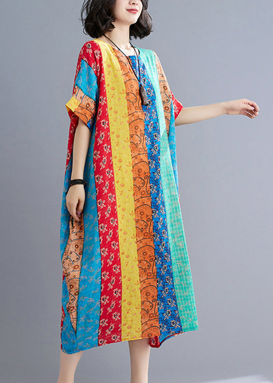 Blue Green Striped Patchwork Long Dress Short Sleeve (Limited Stock)