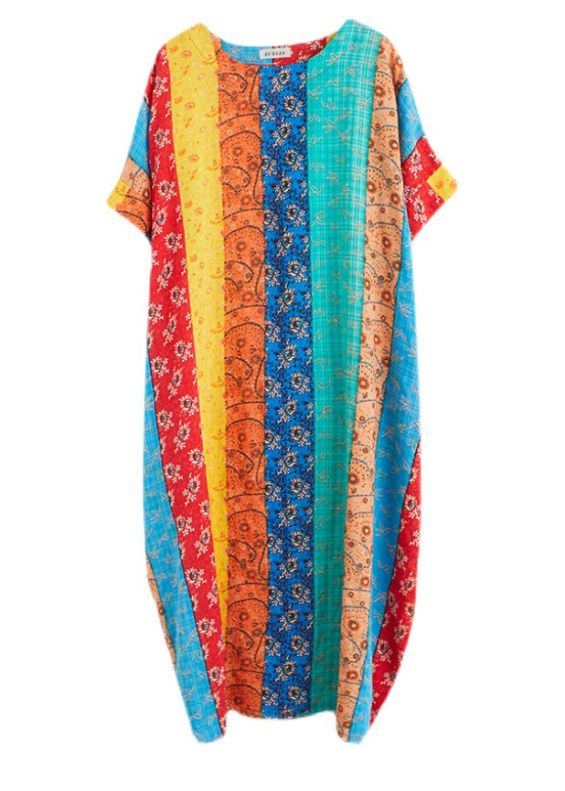 Blue Green Striped Patchwork Long Dress Short Sleeve (Limited Stock)