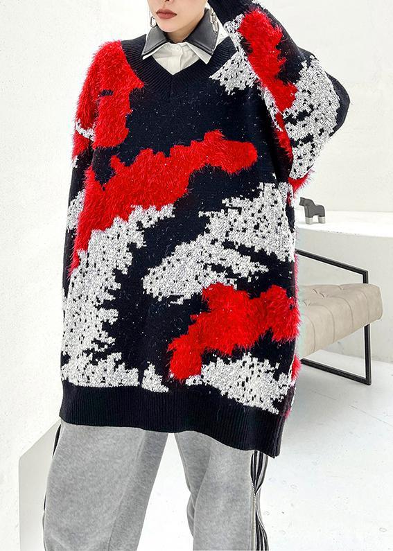 Blue Knitted Pullover V Neck Oversized Spring Knitted Blouse - Omychic