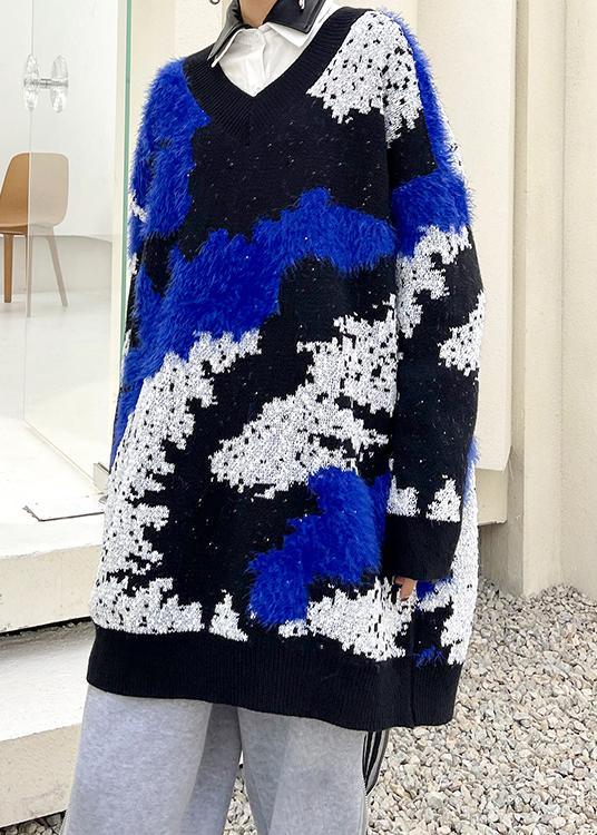 Blue Knitted Pullover V Neck Oversized Spring Knitted Blouse - Omychic