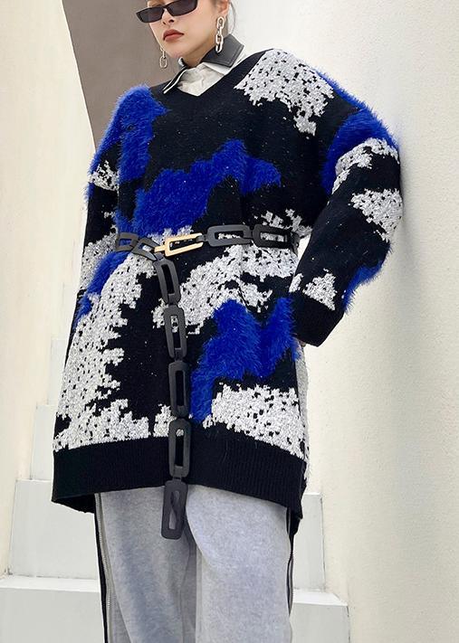 Blue Knitted Pullover V Neck Oversized Spring Knitted Blouse - Omychic