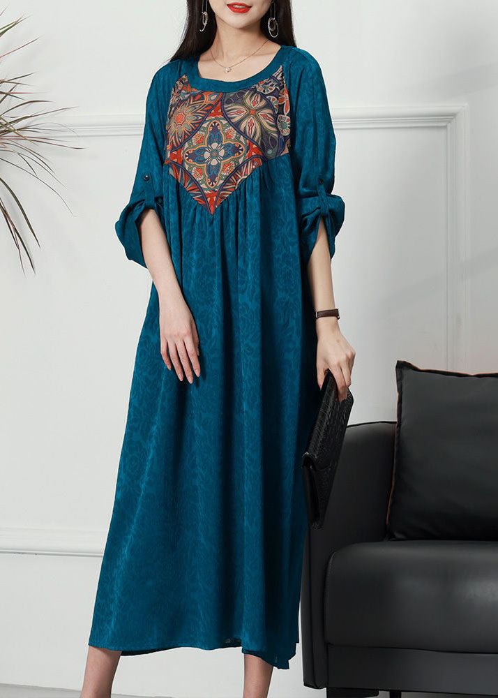 Blue Patchwork Jacquard Silk Dress O Neck Wrinkled Spring