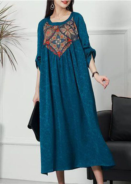 Blue Patchwork Jacquard Silk Dress O Neck Wrinkled Spring