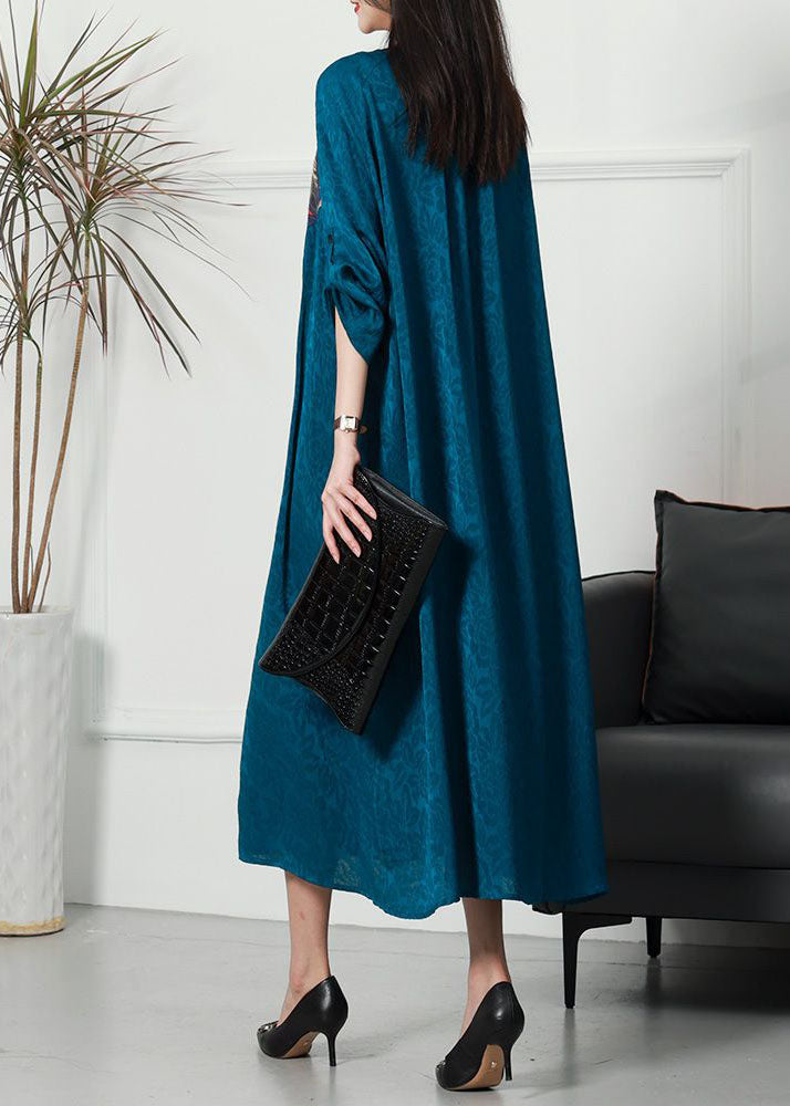 Blue Patchwork Jacquard Silk Dress O Neck Wrinkled Spring
