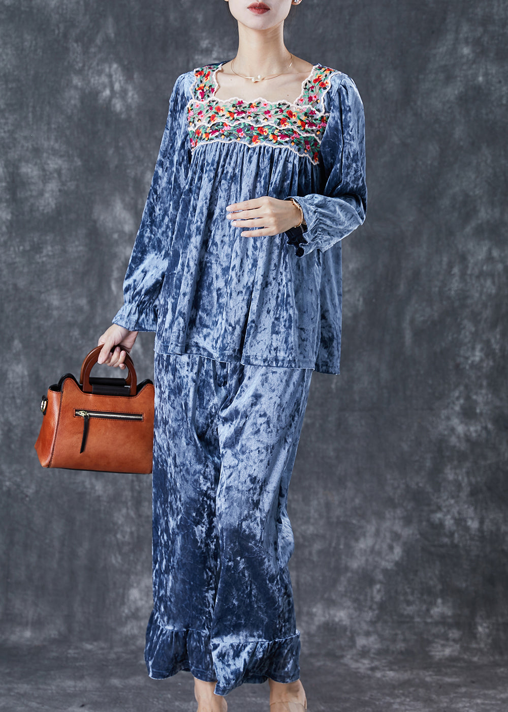 Blue Patchwork Silk Velour Two-Piece Set Square Collar Embroideried Fall