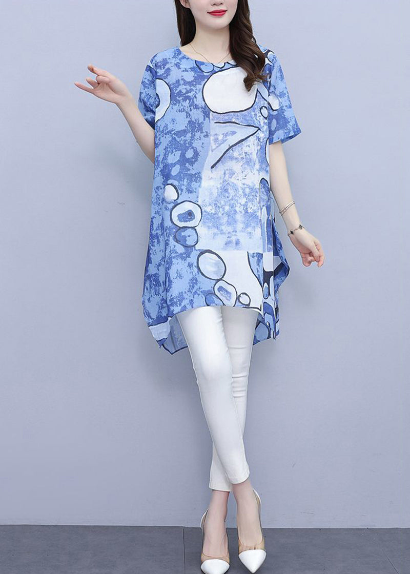 Blue Print Cotton Long Tops O-Neck Side Open Summer