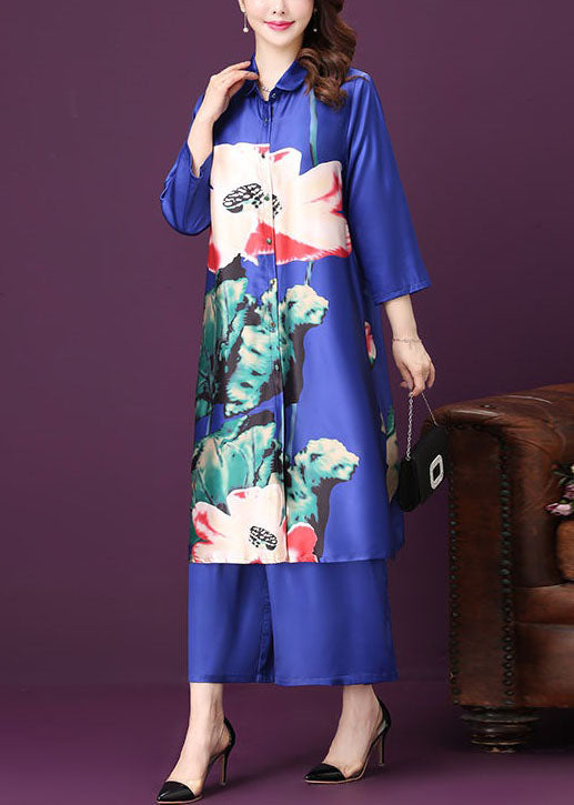 Blue Silk Two Pieces Set Tops And Pants Peter Pan Collar Summer