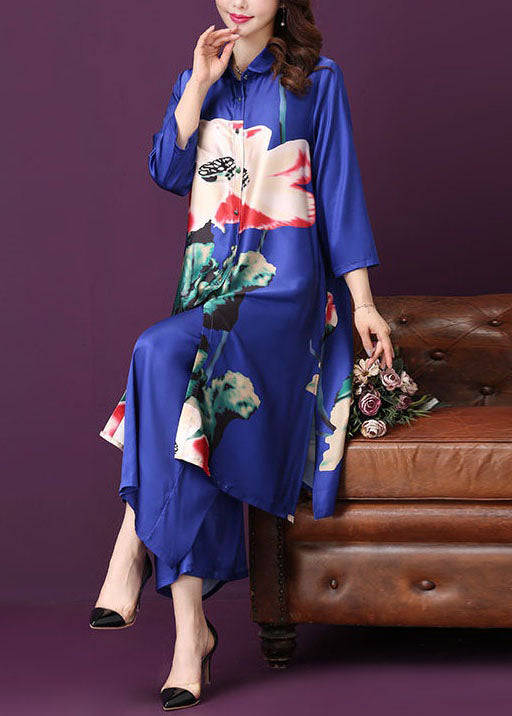 Blue Silk Two Pieces Set Tops And Pants Peter Pan Collar Summer