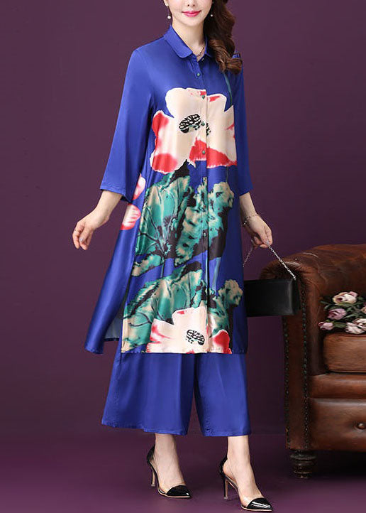 Blue Silk Two Pieces Set Tops And Pants Peter Pan Collar Summer