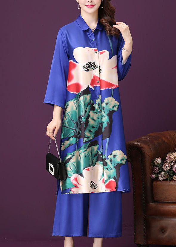 Blue Silk Two Pieces Set Tops And Pants Peter Pan Collar Summer