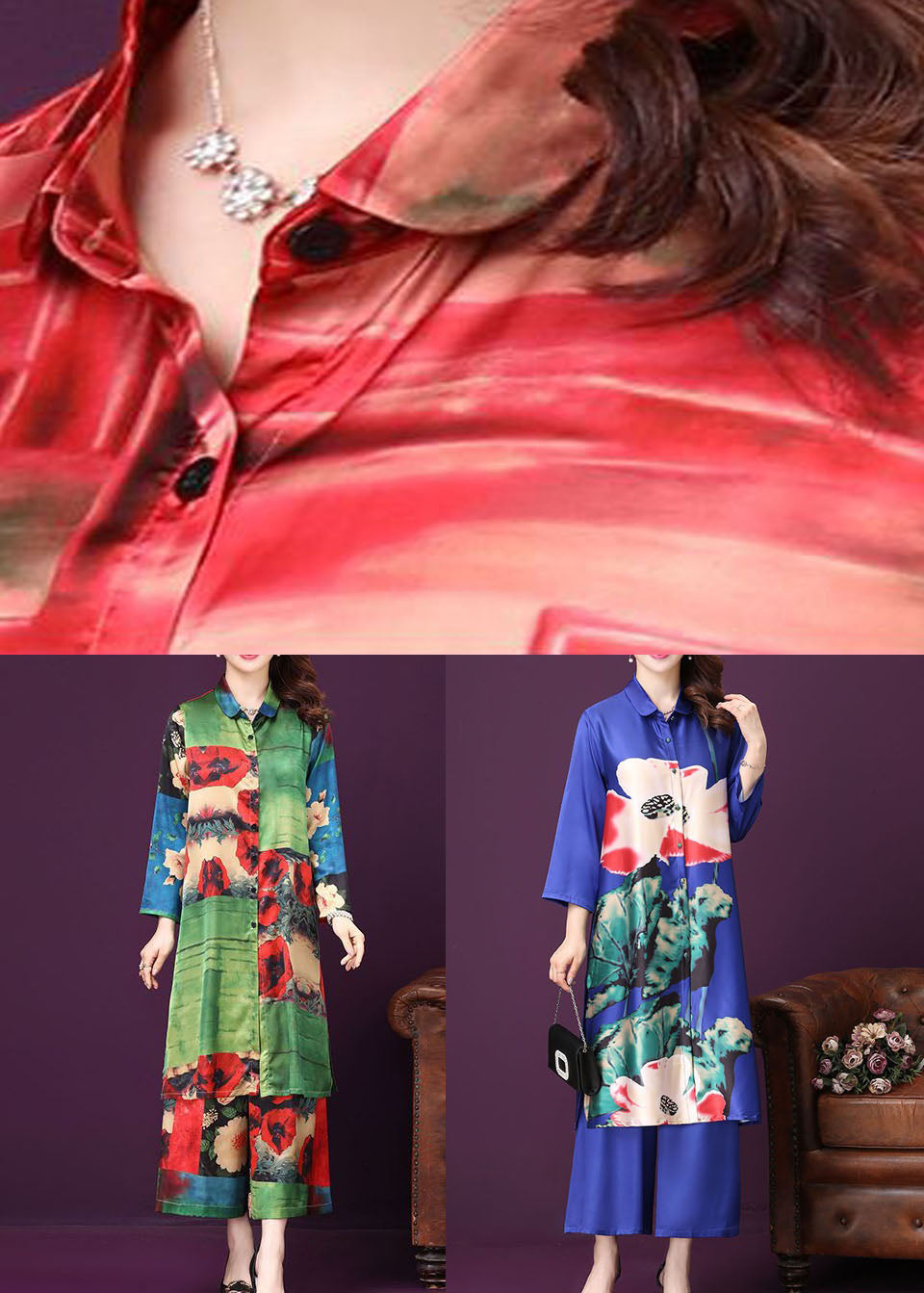 Blue Silk Two Pieces Set Tops And Pants Peter Pan Collar Summer