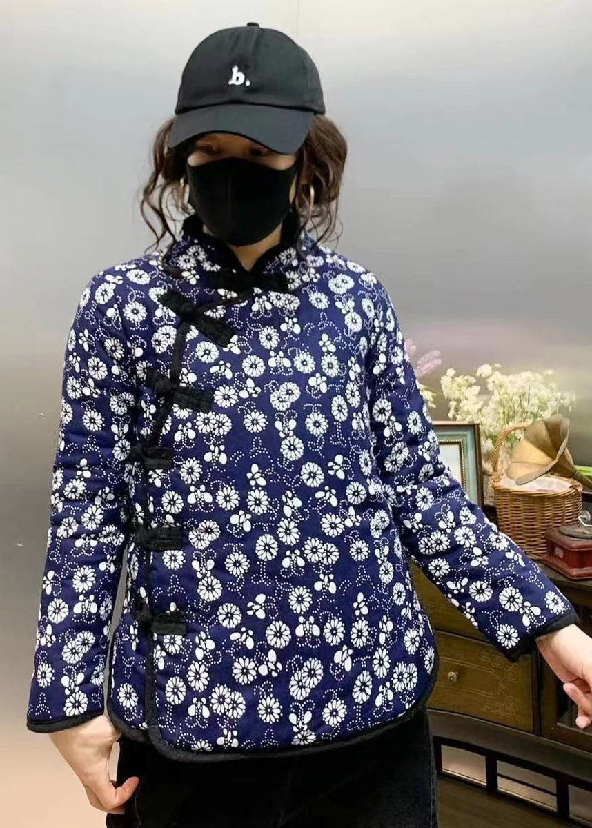 Blue Slim Fit Fine Cotton Filled Coats Stand Collar Print Winter