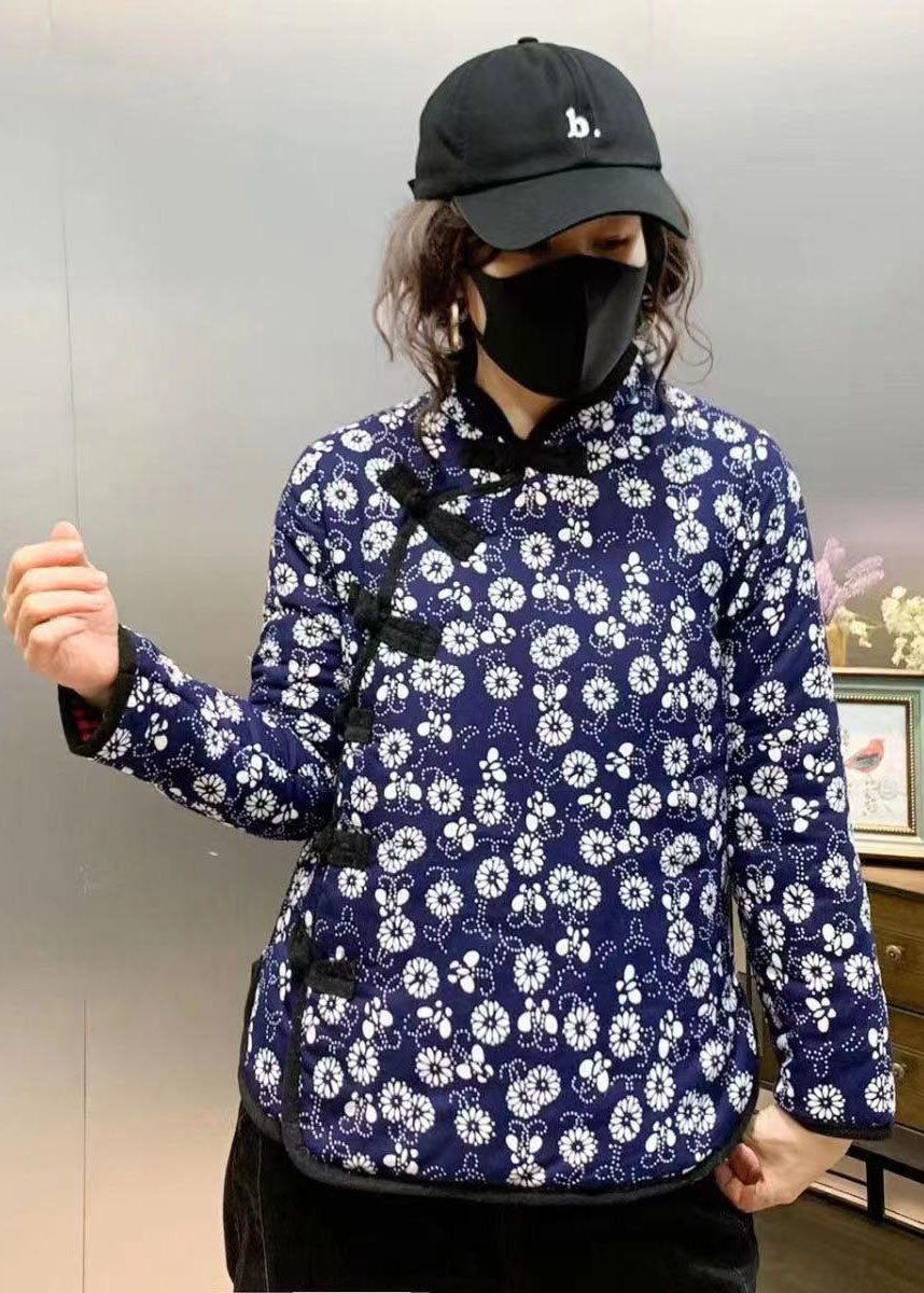 Blue Slim Fit Fine Cotton Filled Coats Stand Collar Print Winter