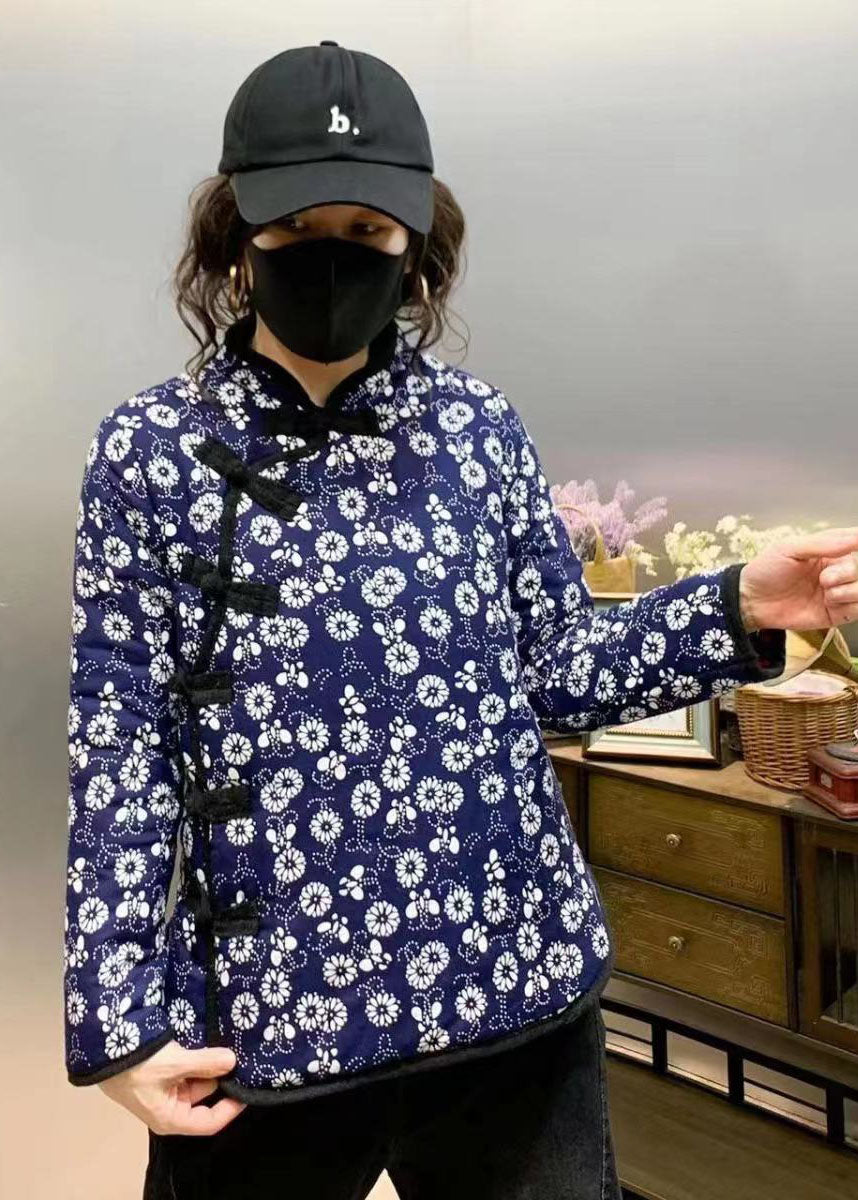 Blue Slim Fit Fine Cotton Filled Coats Stand Collar Print Winter