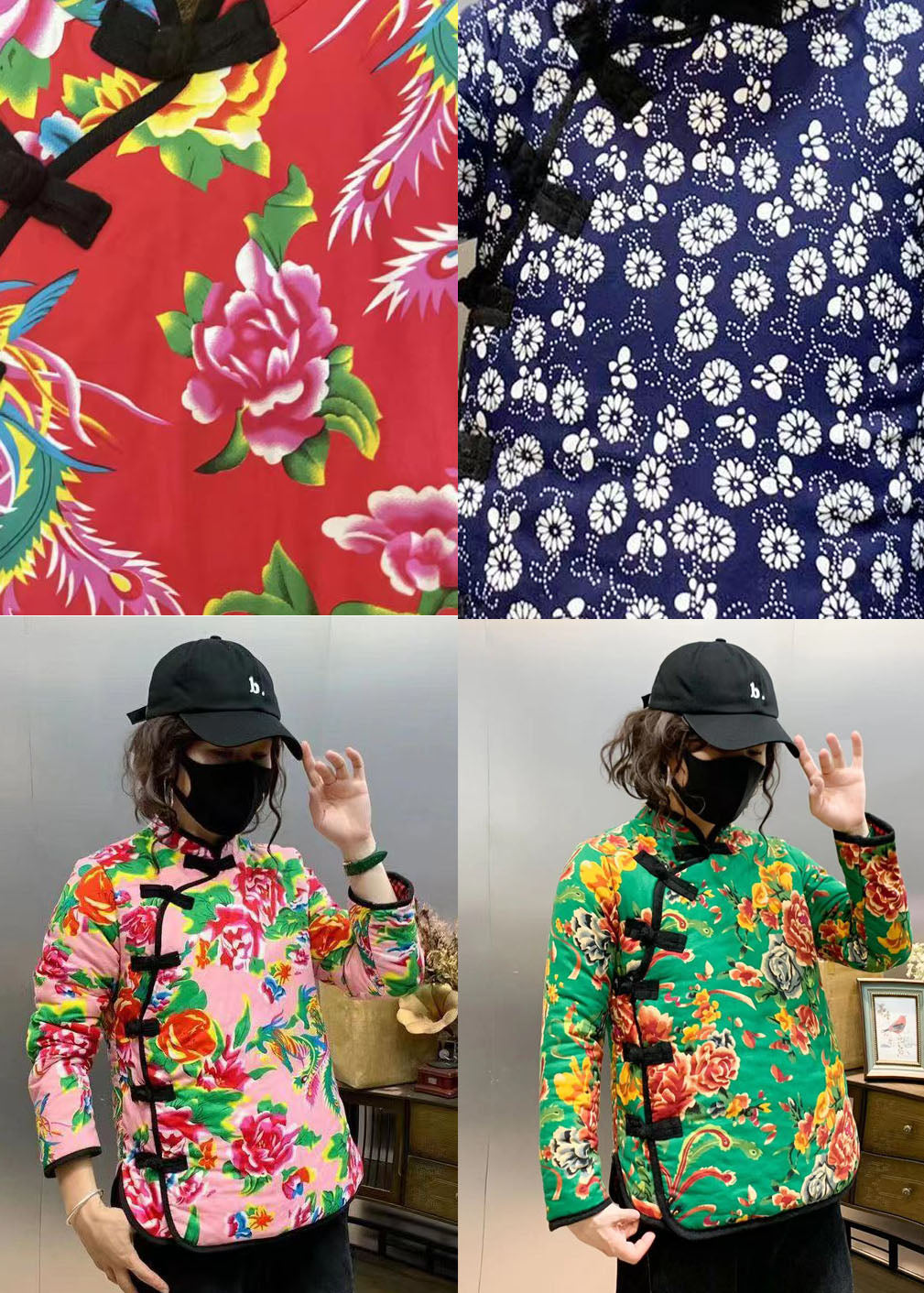 Blue Slim Fit Fine Cotton Filled Coats Stand Collar Print Winter