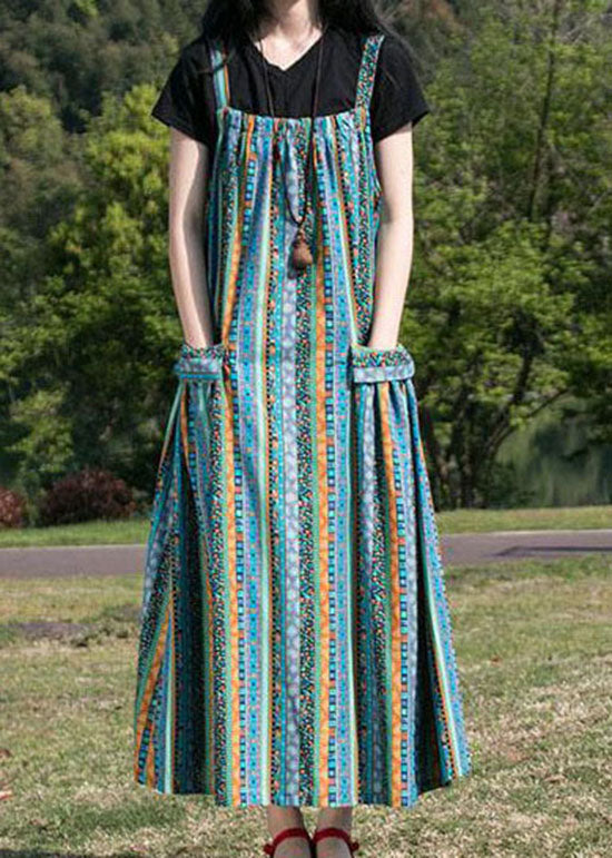 Blue Striped Pockets Patchwork Cotton Spaghetti Strap Dress Fall