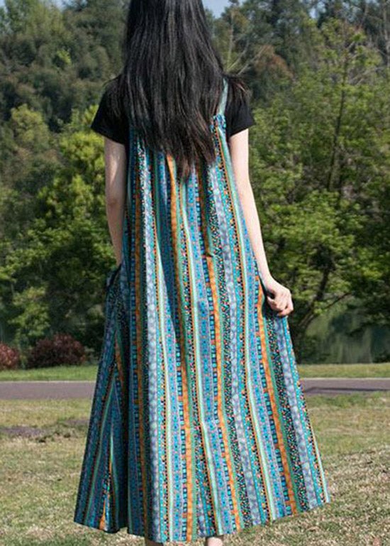 Blue Striped Pockets Patchwork Cotton Spaghetti Strap Dress Fall