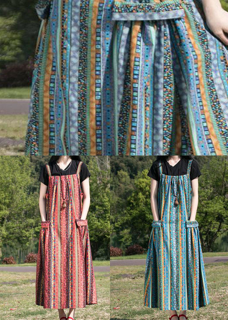 Blue Striped Pockets Patchwork Cotton Spaghetti Strap Dress Fall