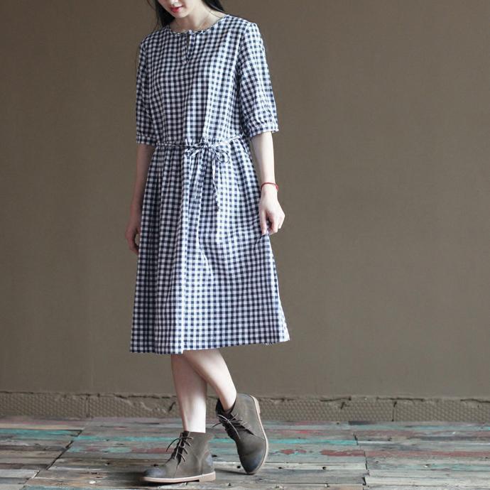 Blue grid cotton sundress half sleeve summer maxi dresses - Omychic