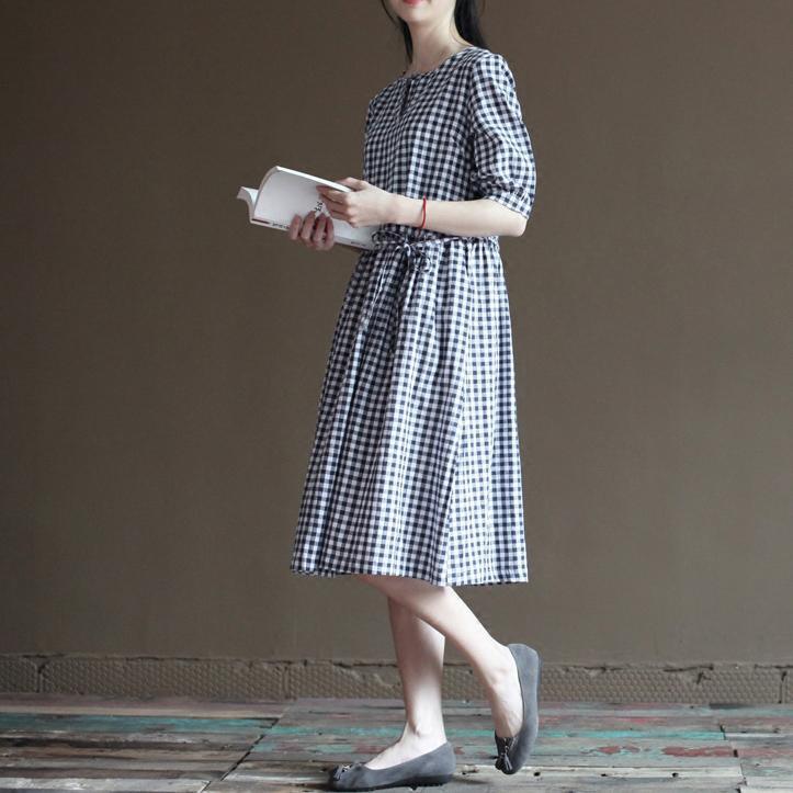 Blue grid cotton sundress half sleeve summer maxi dresses - Omychic
