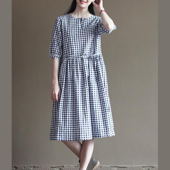 Blue grid cotton sundress half sleeve summer maxi dresses - Omychic