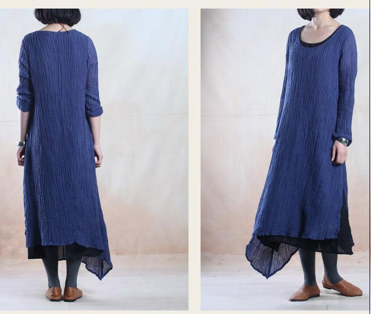 Blue layered pleated long linen dress maxis - Omychic