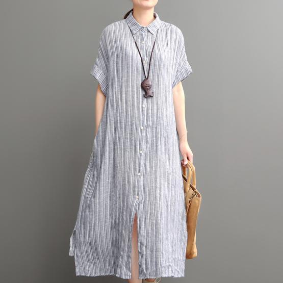 Blue open hem linen maxi dress plus size cotton dress - Omychic