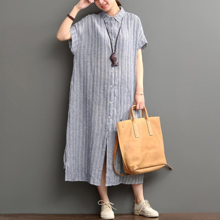 Blue open hem linen maxi dress plus size cotton dress - Omychic