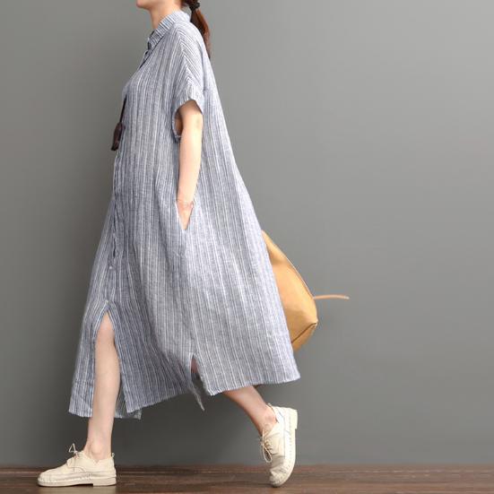 Blue open hem linen maxi dress plus size cotton dress - Omychic