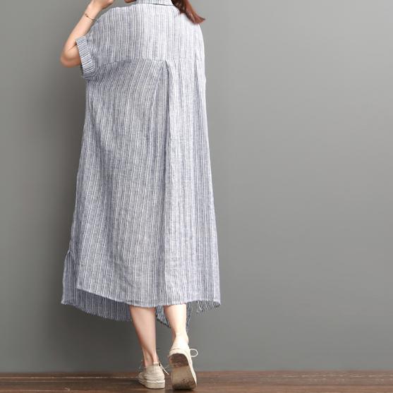 Blue open hem linen maxi dress plus size cotton dress - Omychic