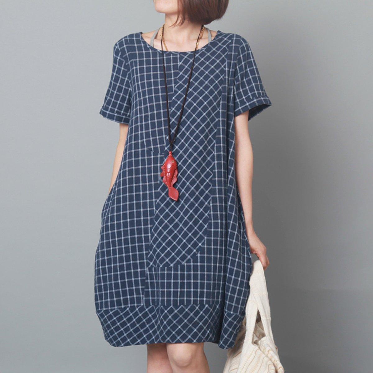 Blue plaid oversize sundress cotton summer shift dresses - Omychic