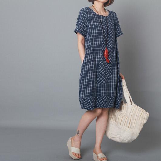Blue plaid oversize sundress cotton summer shift dresses - Omychic