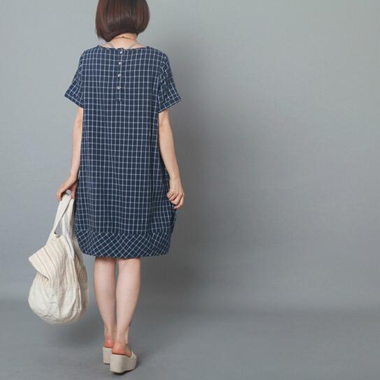Blue plaid oversize sundress cotton summer shift dresses - Omychic