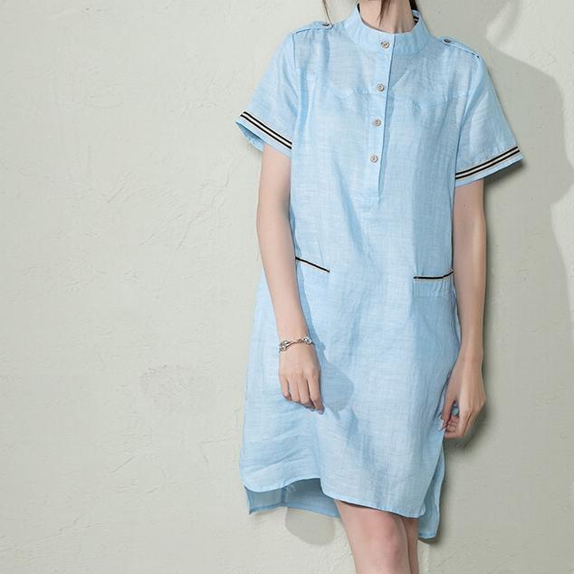 Blue plus size linen sundress oversize linen summer dress shift shirt blouse - Omychic