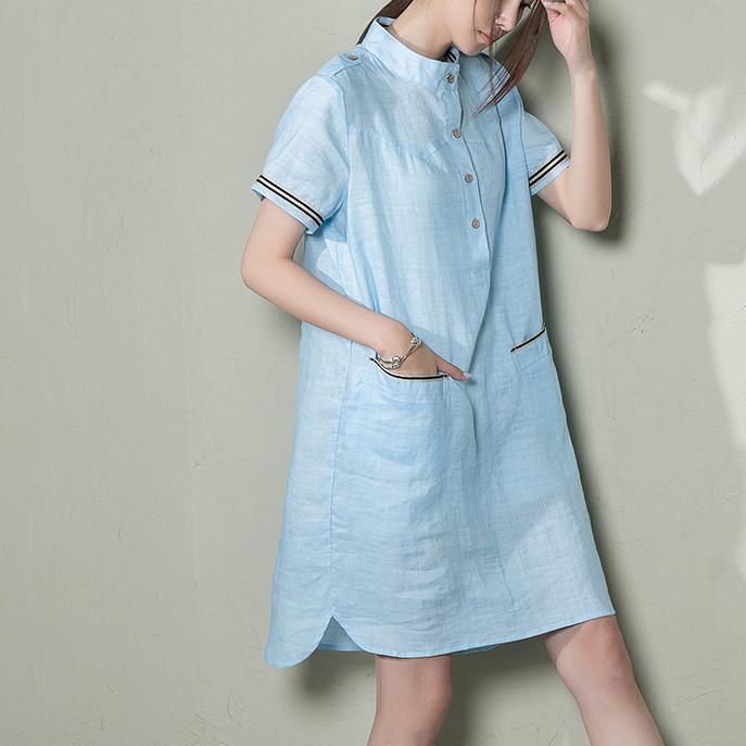 Blue plus size linen sundress oversize linen summer dress shift shirt blouse - Omychic