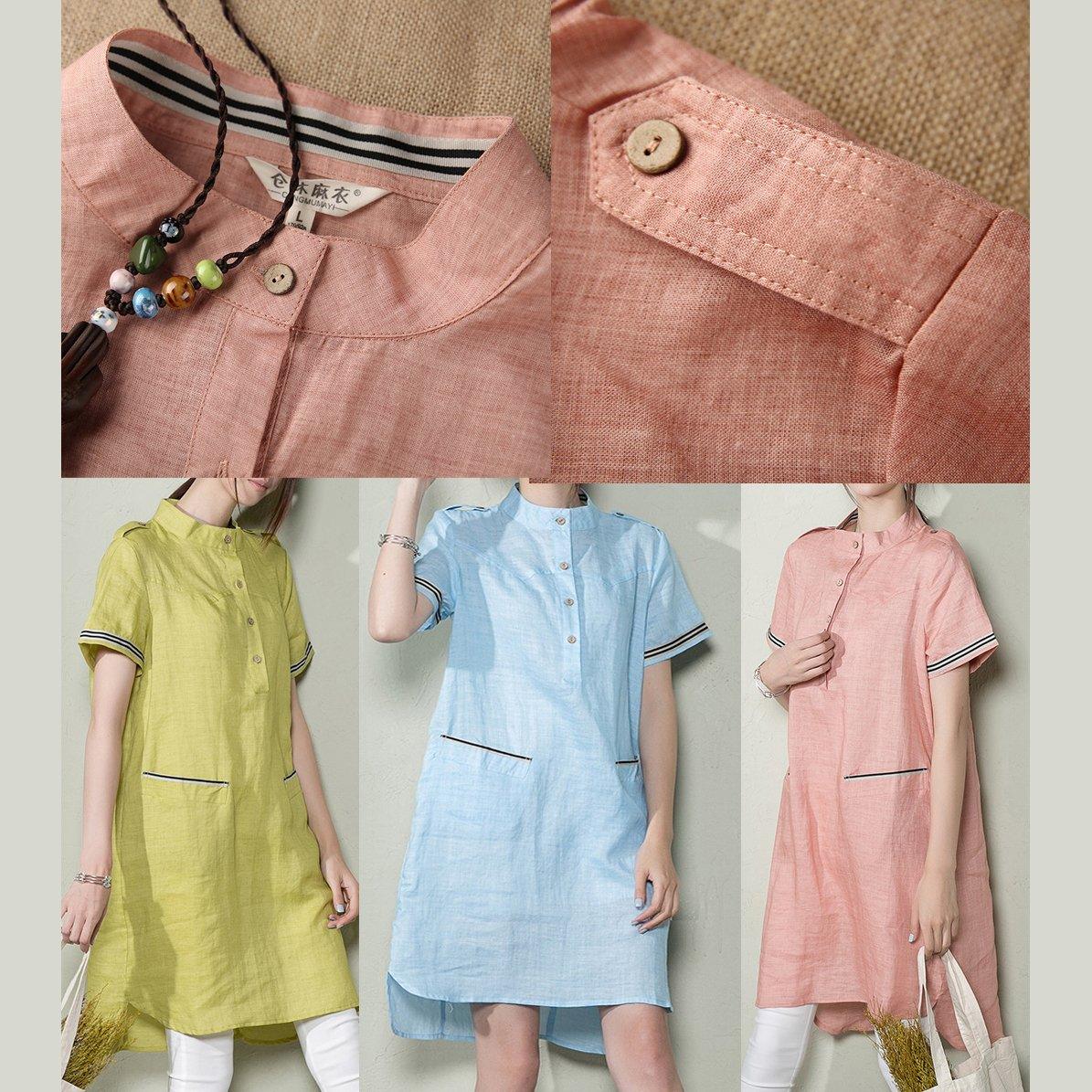 Blue plus size linen sundress oversize linen summer dress shift shirt blouse - Omychic