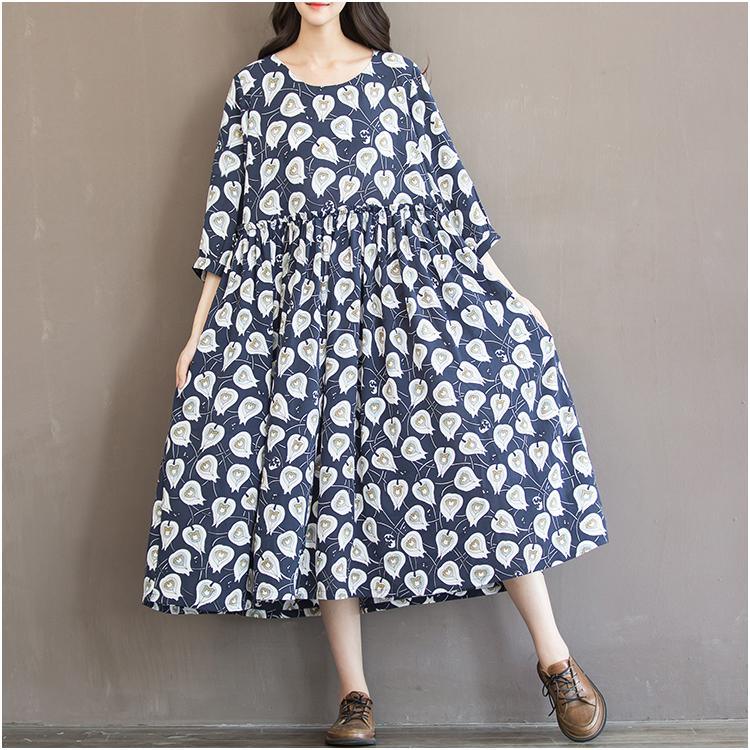 Blue print floral chiffon maxi dress oversize sundress summer half sleeve dress - Omychic
