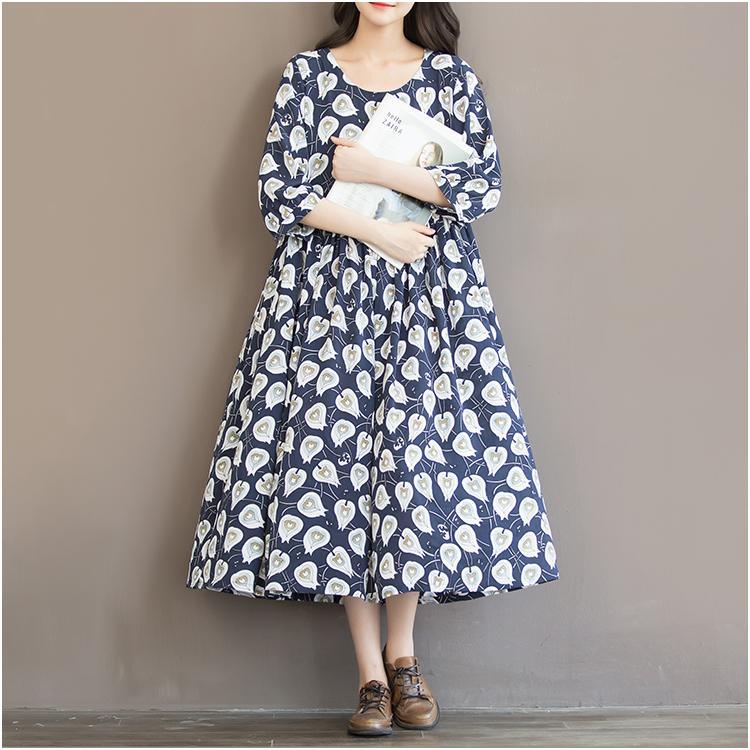 Blue print floral chiffon maxi dress oversize sundress summer half sleeve dress - Omychic