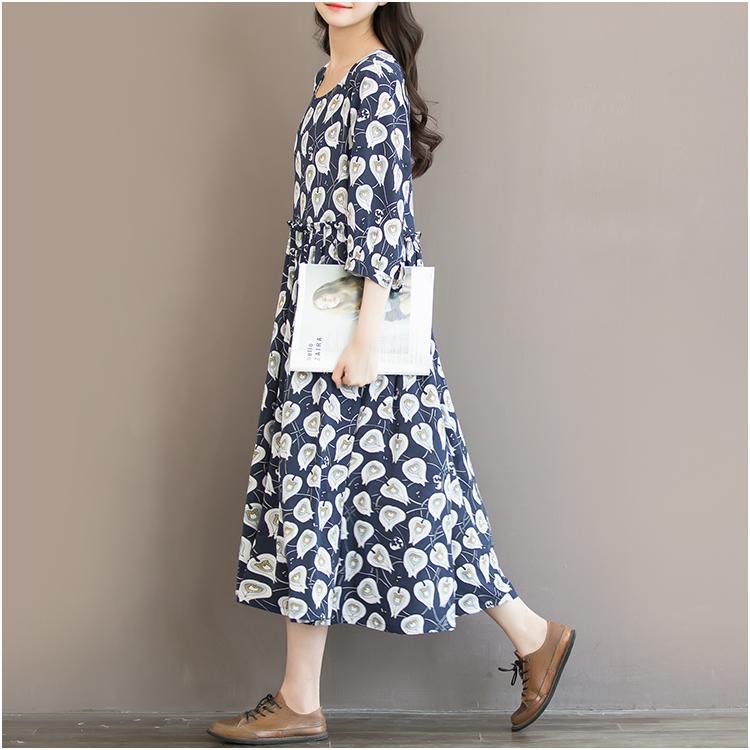 Blue print floral chiffon maxi dress oversize sundress summer half sleeve dress - Omychic