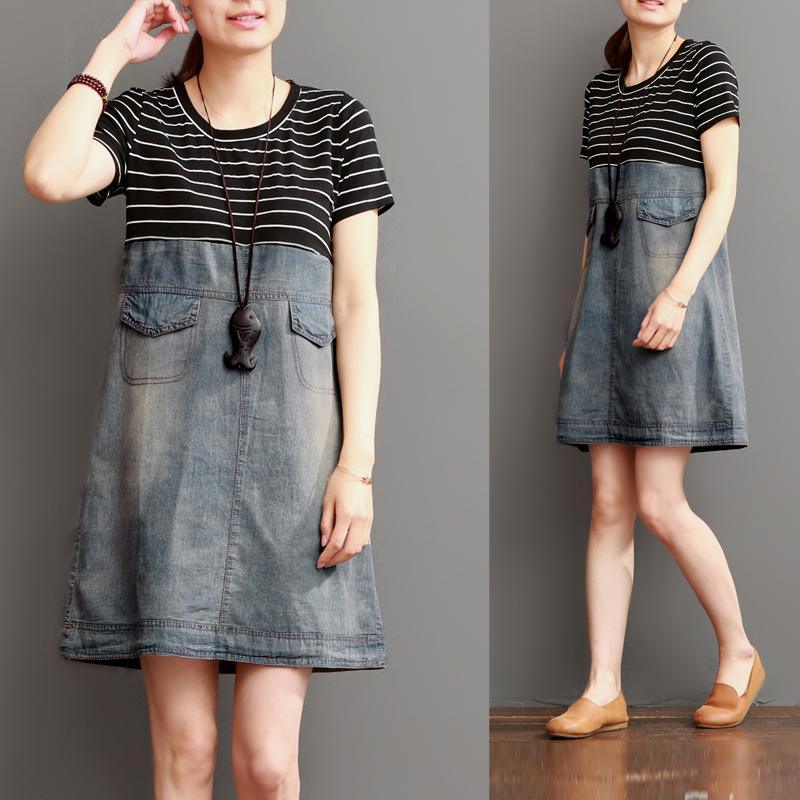 Blue short summer denim dress strip patchwork - Omychic