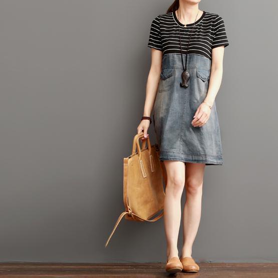 Blue short summer denim dress strip patchwork - Omychic