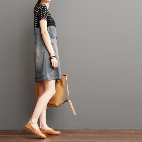 Blue short summer denim dress strip patchwork - Omychic