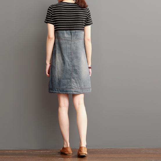 Blue short summer denim dress strip patchwork - Omychic