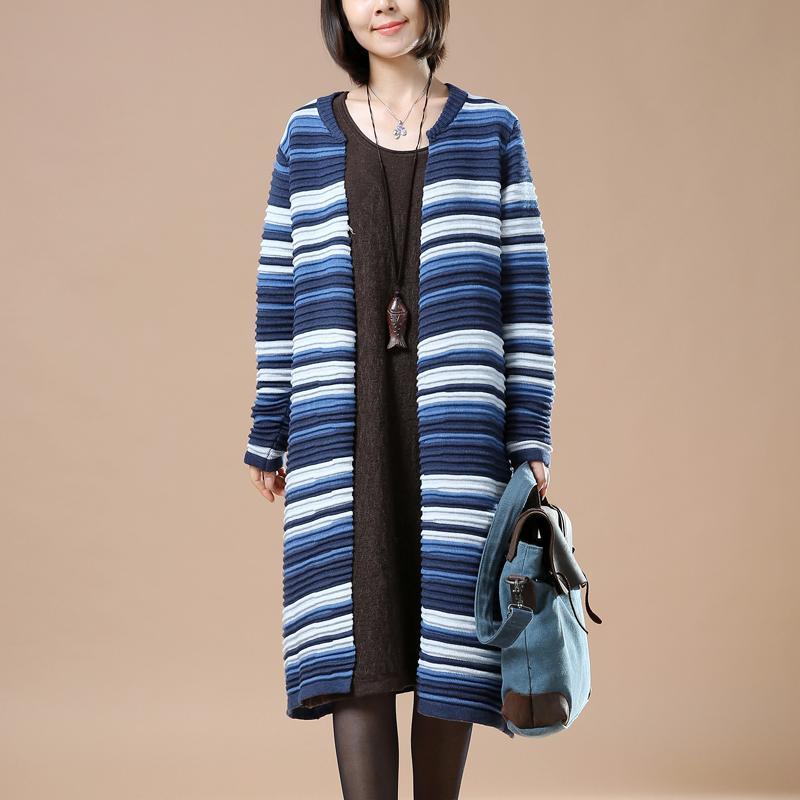 Blue striped knit cardigans woman plus size sweaters coats - Omychic