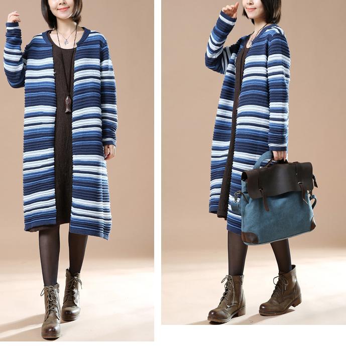 Blue striped knit cardigans woman plus size sweaters coats - Omychic