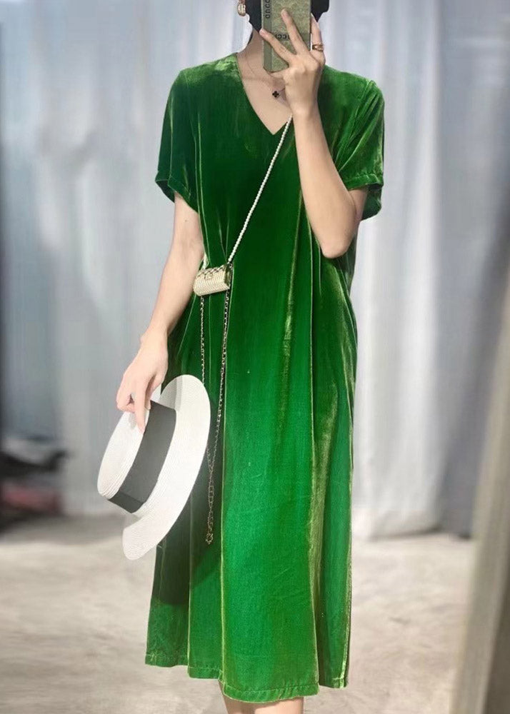 Bohemian Black Green V Neck Silk Velour Long Dresses Short Sleeve