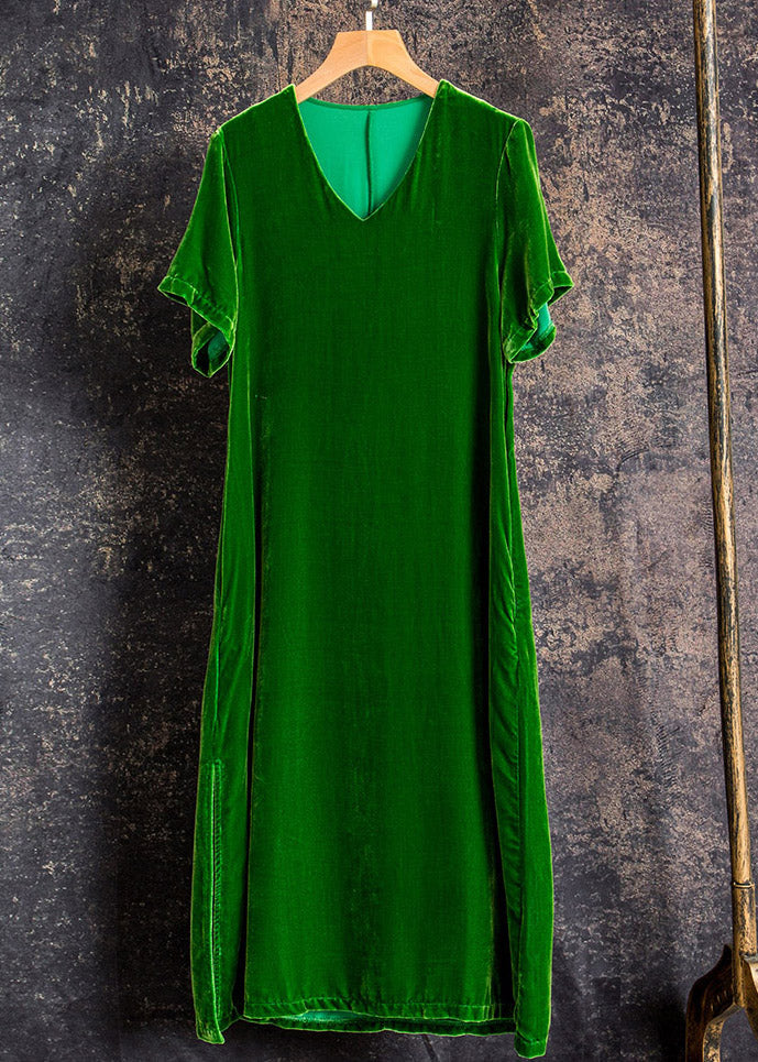 Bohemian Black Green V Neck Silk Velour Long Dresses Short Sleeve