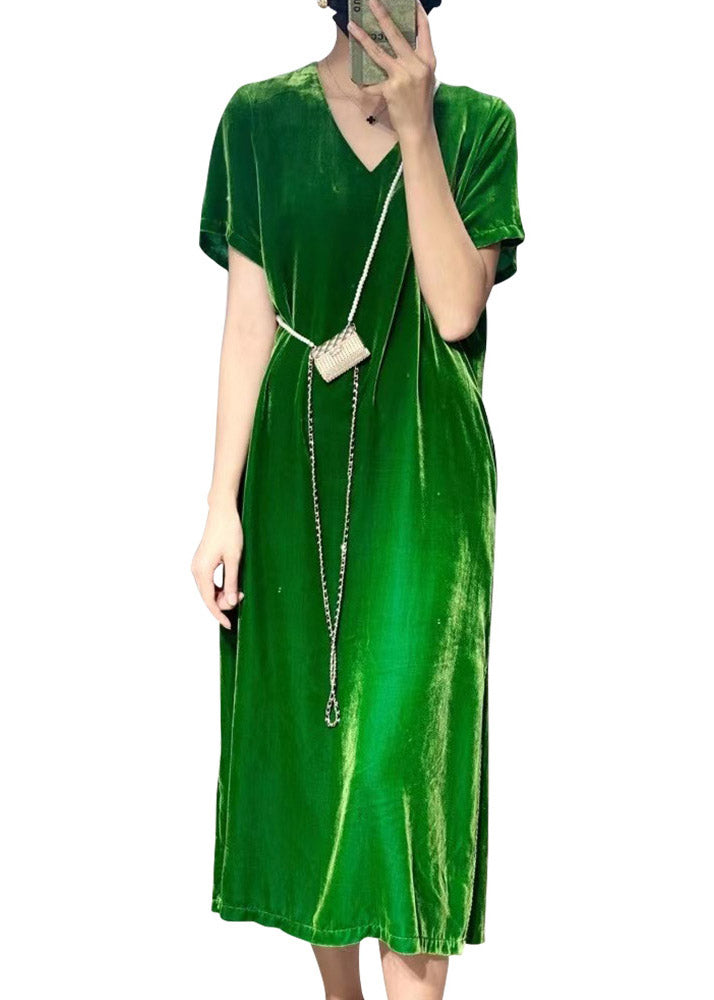 Bohemian Black Green V Neck Silk Velour Long Dresses Short Sleeve