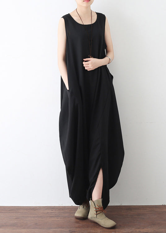 Bohemian Black O-Neck Zip Up Draping Pocket Chiffon Jumpsuit Sleeveless